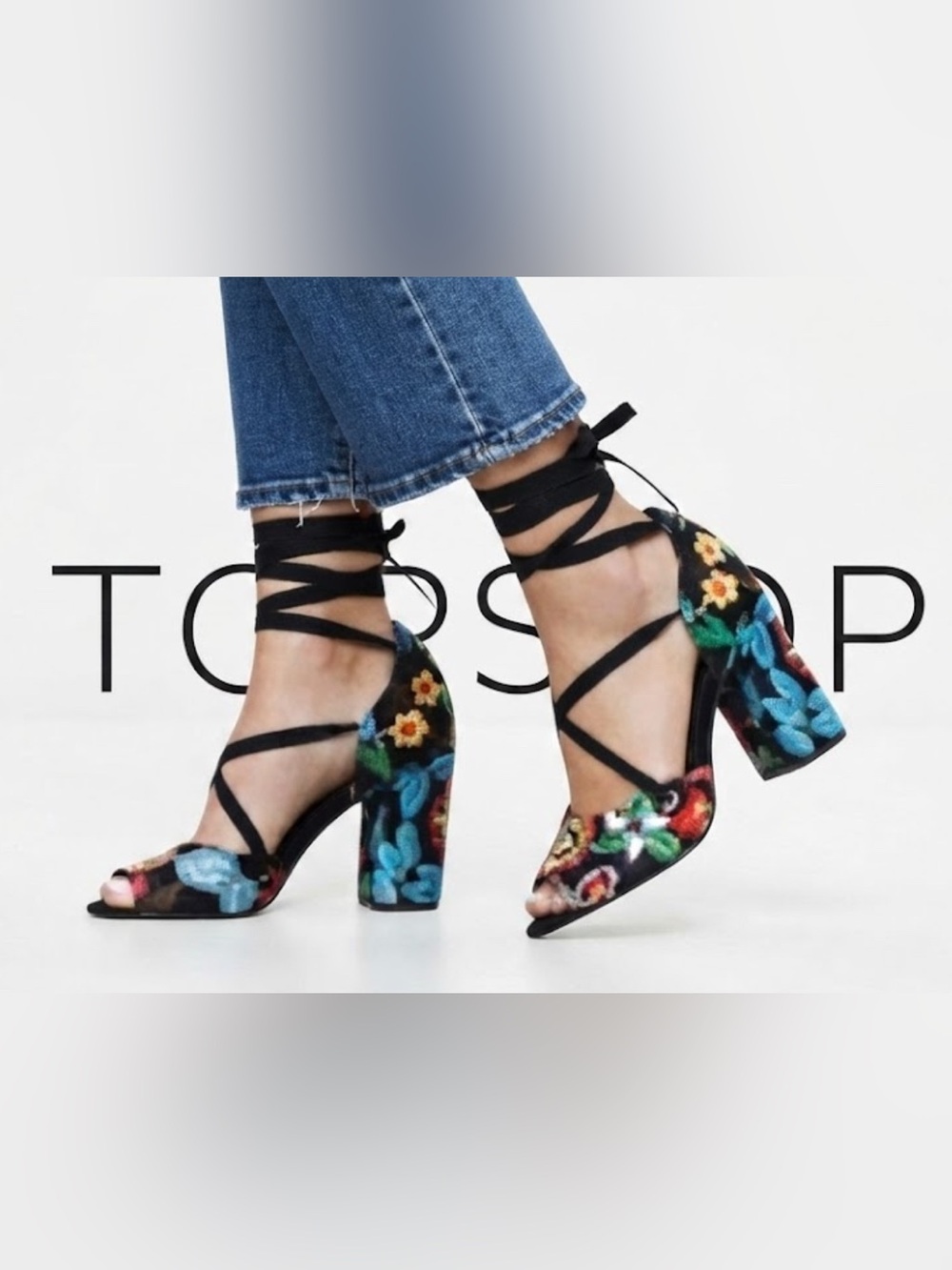 Gorgeous Authentic TopShop designer lace up floral embroidered heels sandals 9